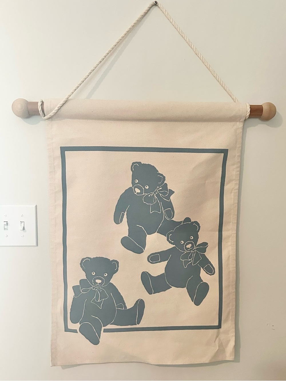 Vintage Canvas Teddy Bear Wall Hanging - Cream and Blue